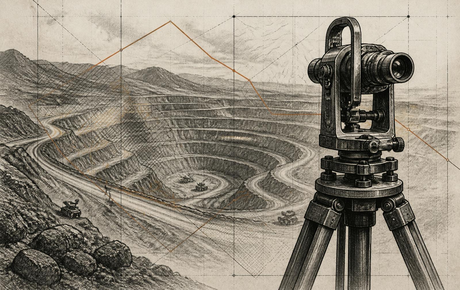 Gravura de cava a céu aberto e teodolito, arte do curso de Direito Minerário para Técnicos